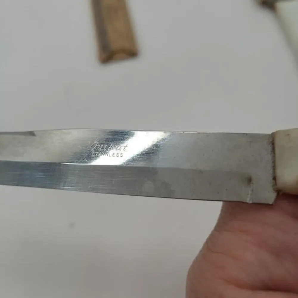 Mid Century Quikut Stainless Steel Early Plastic White Handle 3 Steak‎ Knives
